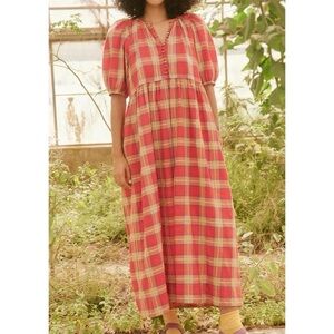 THE GREAT. Midi Plaid The Ravine Puff-Sleeve Dress